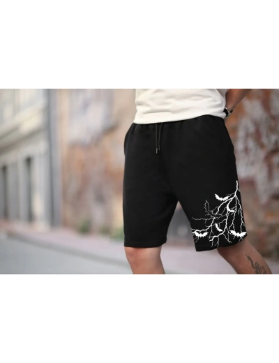 Unisex İki İplik Baskılı Oversize Şort - Siyah