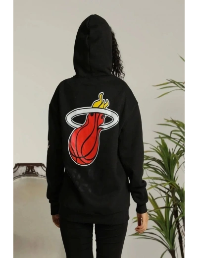 Kadın Kapşonlu Baskılı Sweetshirt - Siyah