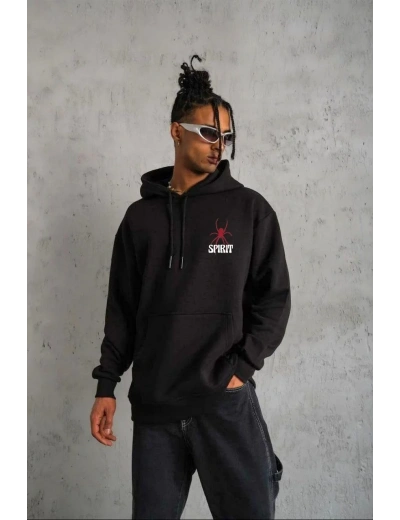 ERKEK Kapşonlu Baskılı Sweetshirt - Siyah