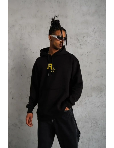 ERKEK Kapşonlu Baskılı Sweetshirt - Siyah