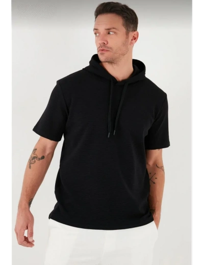Erkek  Kapşonlu Kısa Kol Düz Oversize T-shirt - Siyah