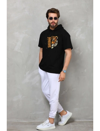 Unisex Kapşonlu Kısa Kol Oversize Baskılı T-Shirt - Siyah