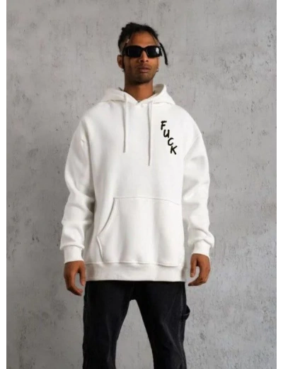 ERKEK Kapşonlu Uzun Kol Baskılı Sweetshirt - Beyaz