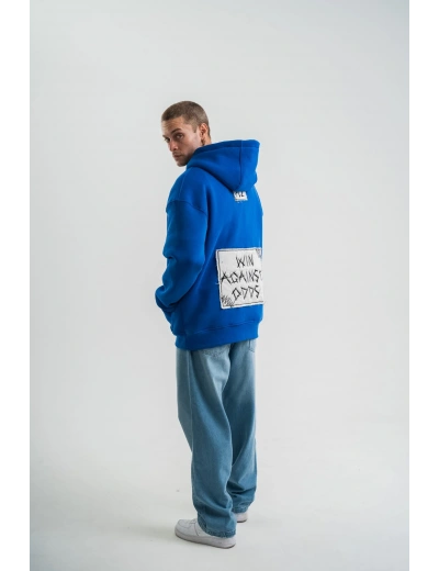 ERKEK Kapşonlu Uzun Kol Patchli Nakışlı SweatShirt - Mavi