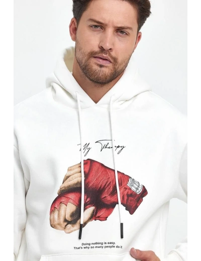 ERKEK Kapüşonlu Üç İplik Oversize Baskılı Sweatshirt - Beyaz
