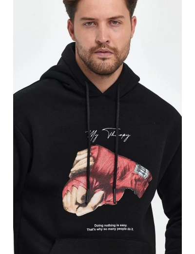 ERKEK Kapüşonlu Üç İplik Oversize Baskılı Sweatshirt - Siyah