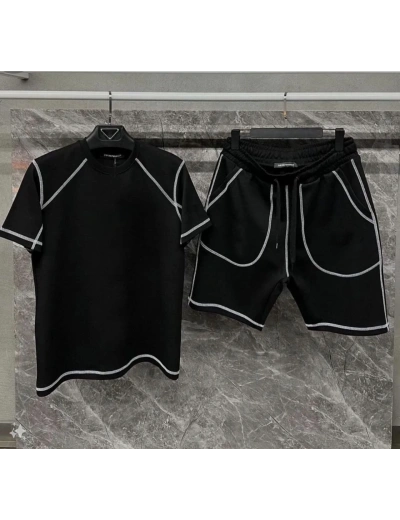 Erkek Karoyaka Dikişli Şortlu Alt-Üst Takım - Siyah