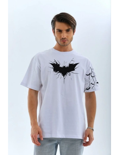 ERKE  Ön ve Kol Yarasa Baskılı Oversize T-shirt - Beyaz