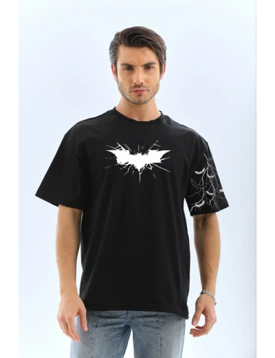 ERKEK Ön ve Kol Baskılı Oversize T-shirt - Siyah