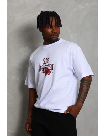 Erkek Oversize Baskılı Bisiklet Yaka T-Shirt - Beyaz