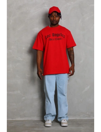 ERKEK Oversize Baskılı Bisiklet Yaka T-Shirt - Kırmızı