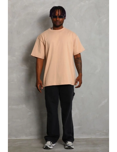 ERKEK Oversize Düz Bisiklet Yaka T-Shirt - Bej