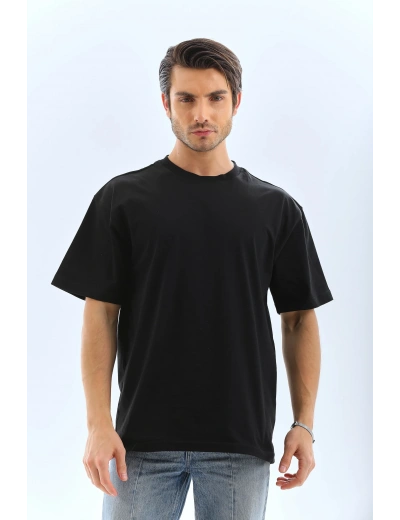 ERKEK Oversize Düz Bisiklet Yaka T-Shirt - Siyah