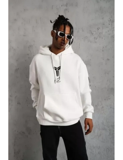 Unisex Sırt Baskılı Kapüşonlu Üç İplik Oversize Sweatshirt - Beyaz