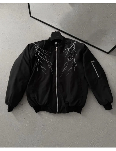 ERKEK Siyah Bomber Mont – Beyaz Şimşek Desenli, Fermuarlı Cepli, Kapitone Astarlı Sokak Stili Günlük Ceket - Siyah