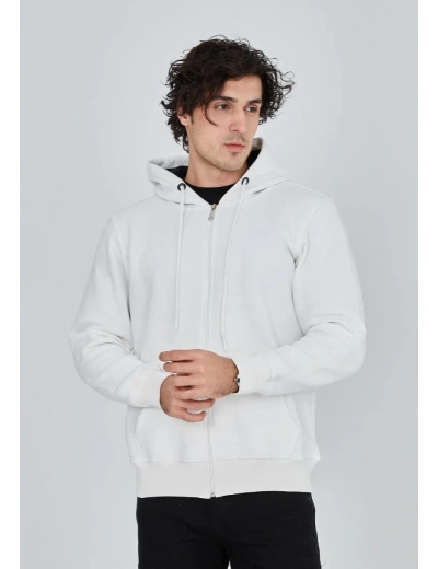 ERKEK Tam Fermuarlı Kapşonlu  SweatShirt - Beyaz