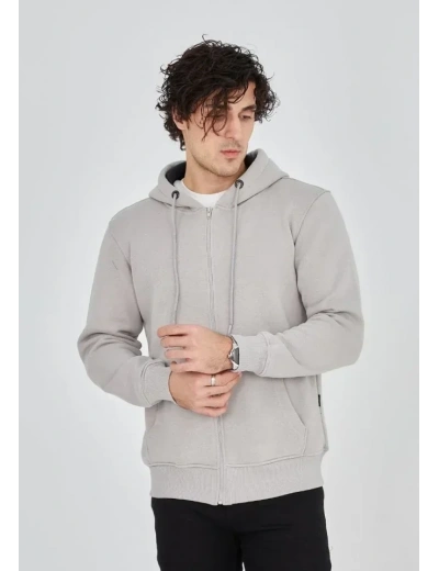Unisex Tam Fermuarlı Kapşonlu  SweatShirt - Boyalı Gri