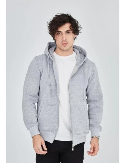 Unisex Tam Fermuarlı Kapşonlu  SweatShirt - Gri
