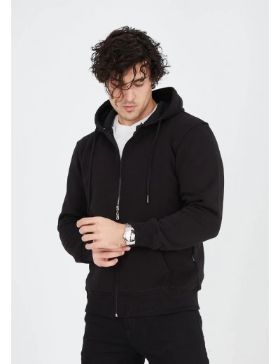 ERKEK Tam Fermuarlı Kapşonlu  SweatShirt - Siyah