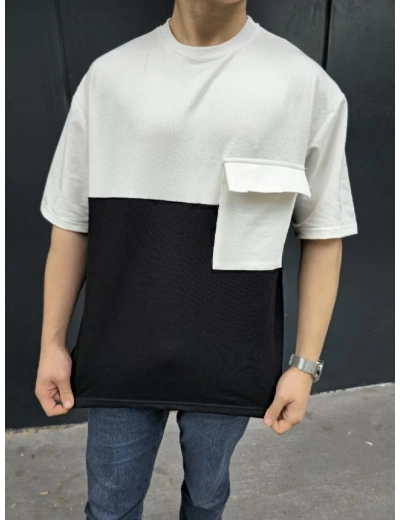 Unisex Torba Cep Detaylı Parçalı T-Shirt - Siyah
