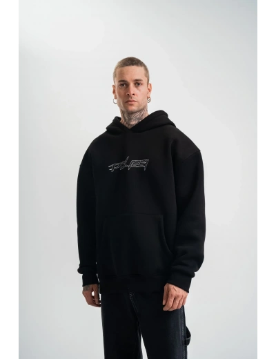 ERKEK Üç İplik Kapşonlu Nakışlı SweatShirt - Siyah
