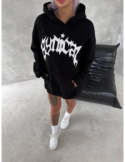 Kadın Üç İplik Kapüşonlu Baskılı SweatShirt - Siyah