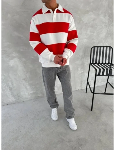 Unisex Üç İplik Parçalı Yakalı SweatShirt - Kırmızı