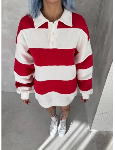 Kadın Üç İplik Parçalı Yakalı SweatShirt - Kırmızı