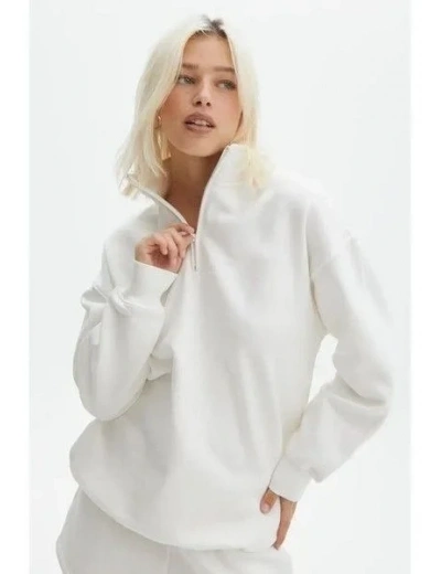 Kadın Uzun Kol Yarım Farmuarlı Yakalı Basic SweatShirt - Beyaz