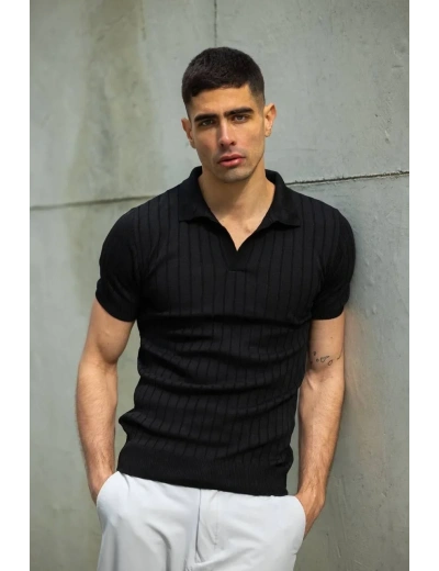 Erkek  V Yakalı Triko T-Shirt - Siyah