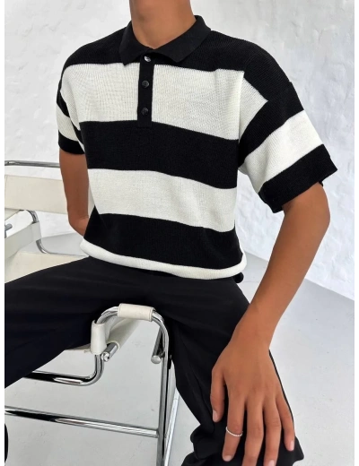 Erkek Yakalı Düğmeli Triko T-Shirt - Siyah