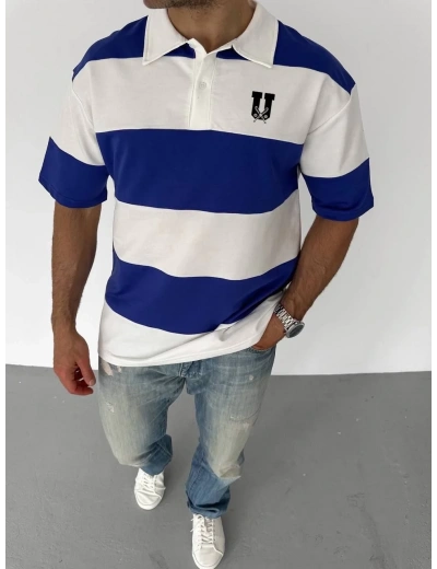 Unisex Yakalı Parçalı ve Baskılı T-shirt - Mavi
