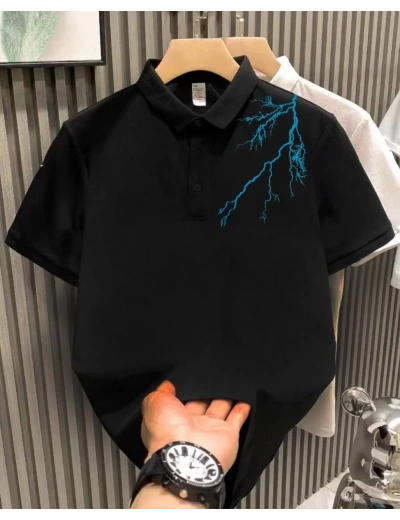 Erkek Yakası Düğmeli Baskılı T-Shirt - Siyah