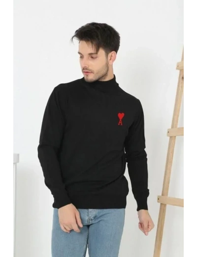 Unisex Yarım Boğazlı Baskılı Dokuma Triko - Siyah