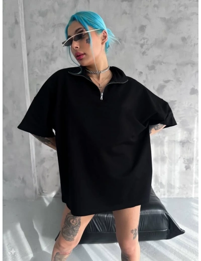 Unisex Yarım Fermuarlı Basic T-Shirt - Siyah