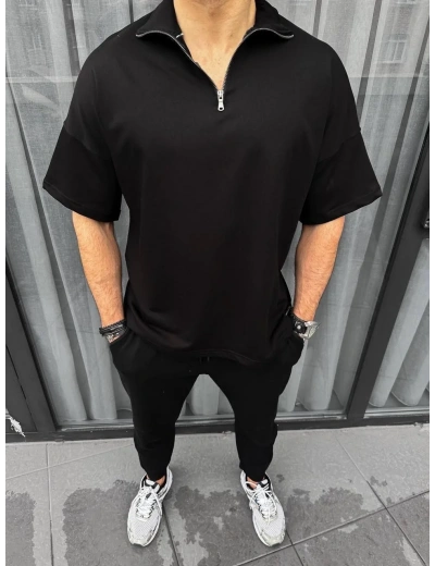 Unisex Yarım Fermuarlı Basic T-Shirt - Siyah