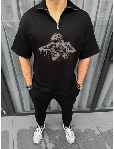 Unisex Yarım Fermuarlı Baskılı Oversize T-Shirt - Siyah