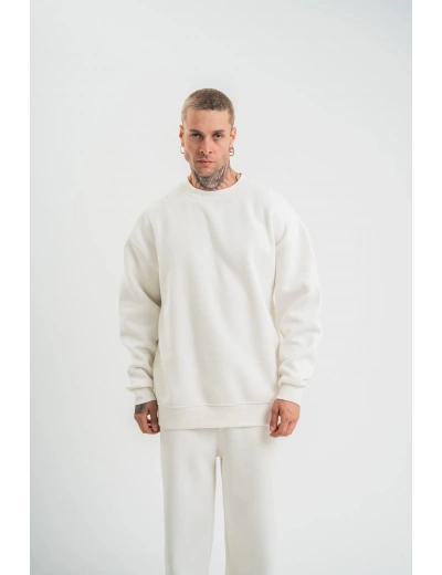 Uzun Kol Bisiklet Yaka Basic SweatShirt - Beyaz