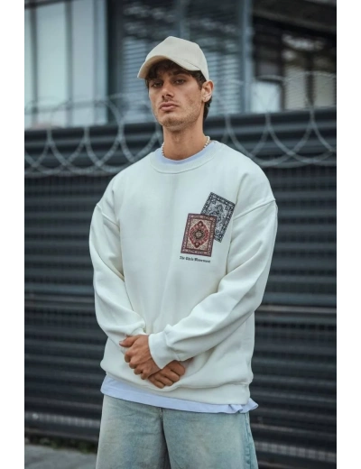 Uzun Kol Bisiklet Yaka Baskılı SweatShirt - Beyaz