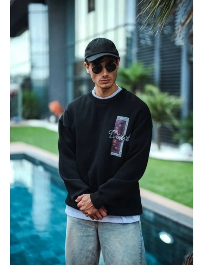 Uzun Kol Bisiklet Yaka Ön ve Arka Baskılı SweatShirt - Siyah