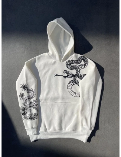 Uzun Kol Kapüşonlu Baskılı SweatShirt - Beyaz