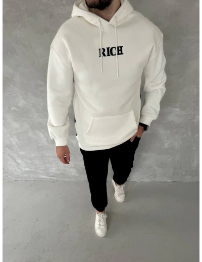 Uzun Kol Kapüşonlu Göğüs Baskılı SweatShirt - Beyaz