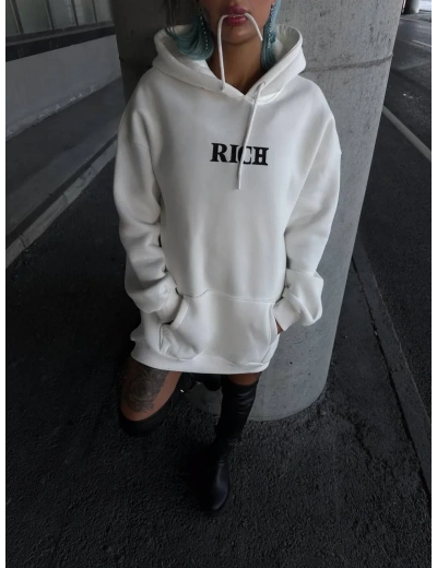 Uzun Kol Kapüşonlu Göğüs Baskılı SweatShirt - Beyaz