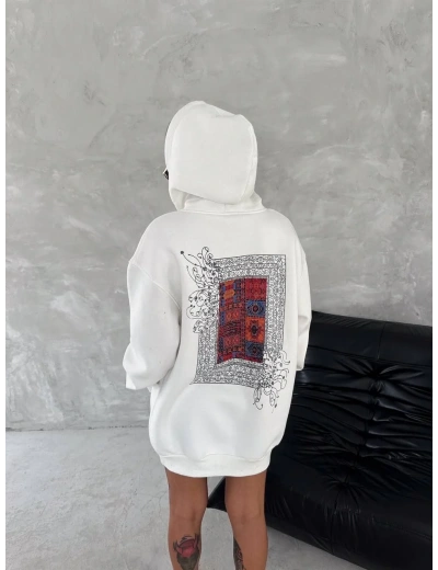 Uzun Kol Kapüşonlu Ön Ve Arka Baskılı SweatShirt - Beyaz