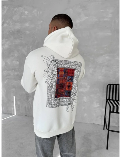 Uzun Kol Kapüşonlu Ön Ve Arka Baskılı SweatShirt - Beyaz