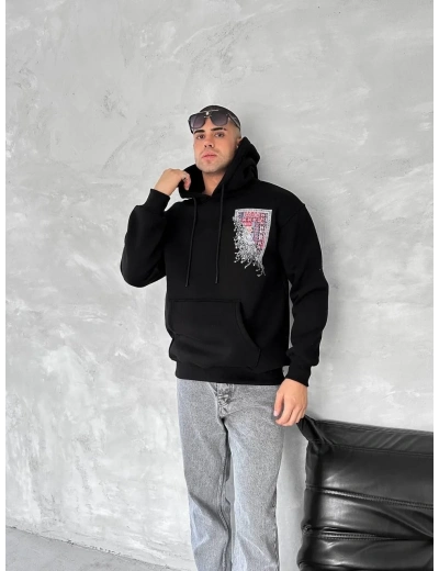 Uzun Kol Kapüşonlu Ön Ve Arka Baskılı SweatShirt - Siyah