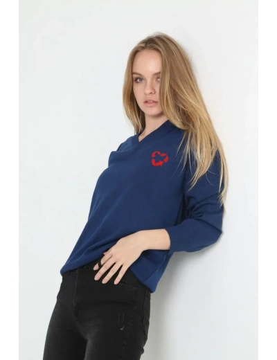 Uzun Kol V Yaka Baskılı Dokuma Triko - Indigo