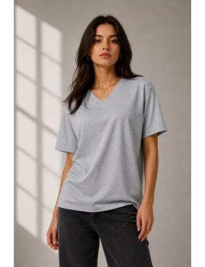 V Yaka Basic Tişört Kısa Kol Yazlık Regular Fit T-Shirt - Gri