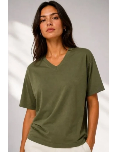 V Yaka Basic Tişört Kısa Kol Yazlık Regular Fit T-Shirt - Haki