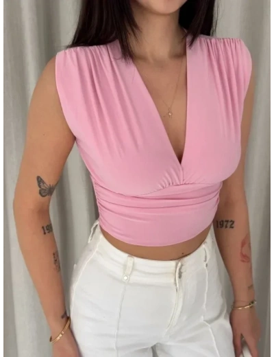 Vatkalı Kolsuz V Yaka Drapeli Crop Bluz Likralı Fit - Pembe